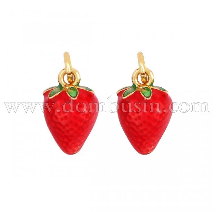 Подвески Клубника, Латунь и Эмаль, Цвет: Красный, Металл: Стойкое Покрытие Золото 18К, Размер: 11.5х7.5х7мм, Соединительное кольцо: 4х0.6, (УТ100031756)