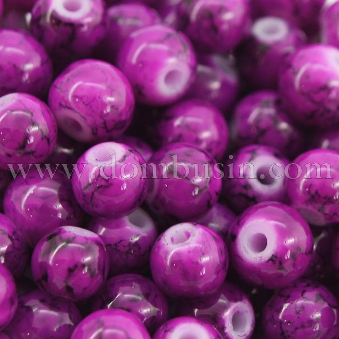 Бусины Стеклянные Окрашенные под мрамор, Форма: Круглая, Цвет: Фиолетовый, Размер: Диаметр: 6мм, Отверстие 2мм, около 150шт/90см/нить, (УТ000004785)