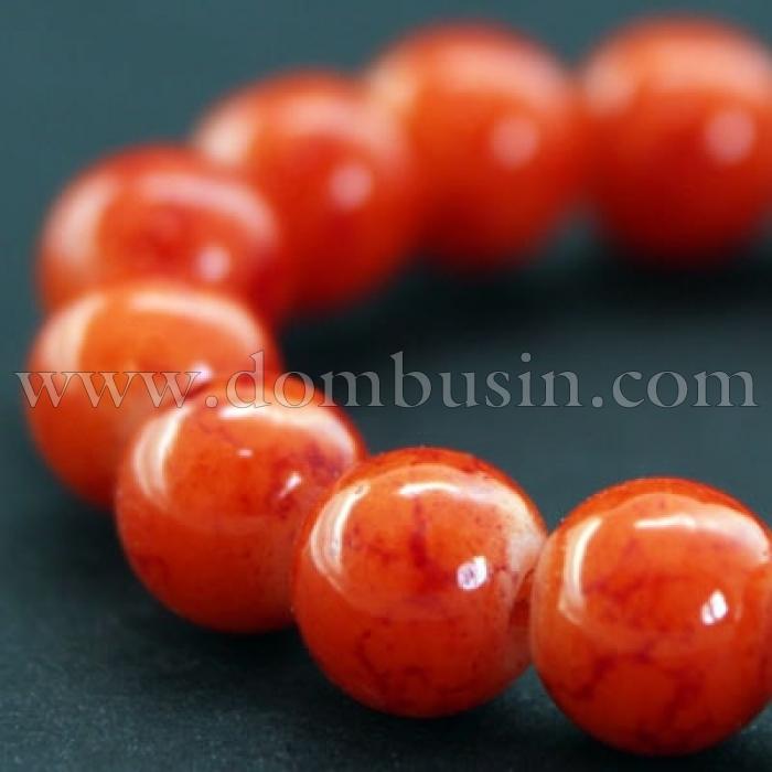 Бусины Стеклянные Окрашенные под мрамор, Форма: Круглая, Цвет: Коралловый, Размер: Диаметр: 6мм, Отверстие 2мм, около 150шт/90см/нить, (УТ000004839)