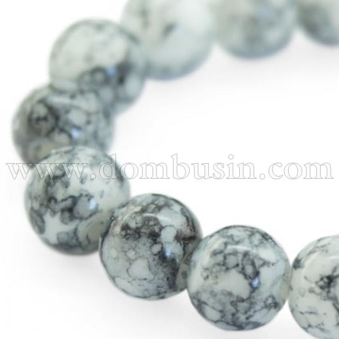Намистини Скляні Пофарбовані під мармур, Форма: Кругла, Колір: Сірий, Розмір: Діаметр: 6мм, Отвір 2мм, близько 150шт / 90см / нитка, (УТ000004840)
