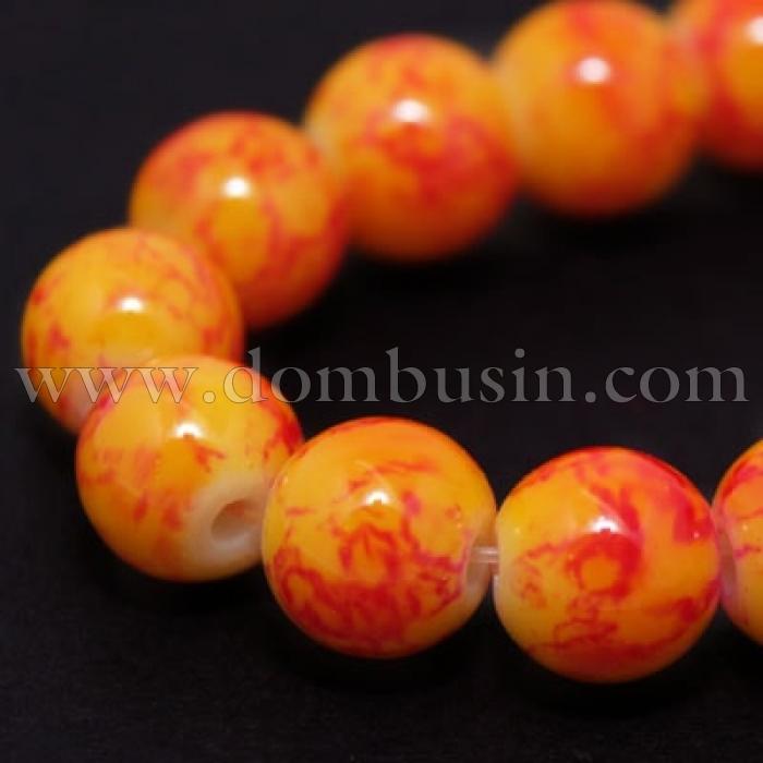 Бусины Стеклянные Окрашенные под мрамор, Форма: Круглая, Цвет: Оранжевый, Диаметр: 6мм, Отверстие 2мм, около 150шт/90см/нить, (УТ000004901)