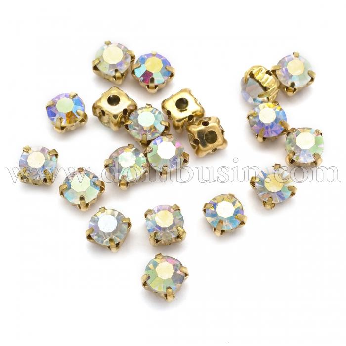 Пришивные Стеклянные Стразы Класс А, Цапы Латунь цвета Золото, Круглые, Цвет: АВ-Цвет, Размер: 6х5мм, Отв-тие 1.5мм, (УТ000004977)
