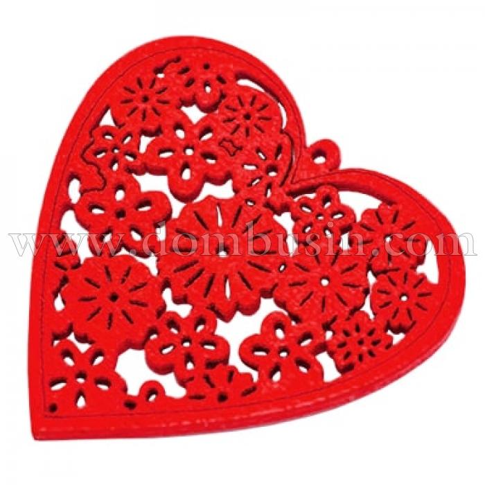 Кулон Дерев'яний Пофарбований, Серце, Колір: Червоний, Розмір: 40х39х2мм, Отвір 1.5мм, (УТ000003786)