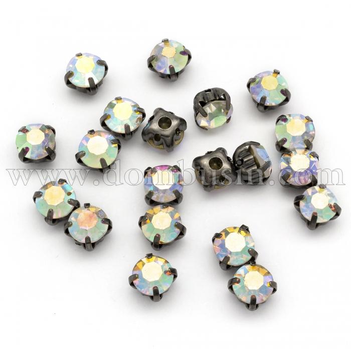 Пришивные Стеклянные Стразы Класс А, Цапы Латунь черного цвета, Круглые, Цвет: АВ-Цвет, Размер: 6х5мм, Отв-тие 1.5мм, (УТ000004336)