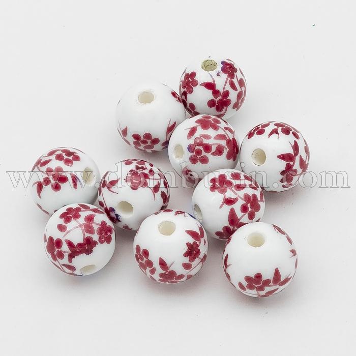 Намистини Фарфор з Принтом, Ручна робота, Круглі, Колір: Червоний, Розмір: 12мм, Отвір 3мм, (УТ000005055)