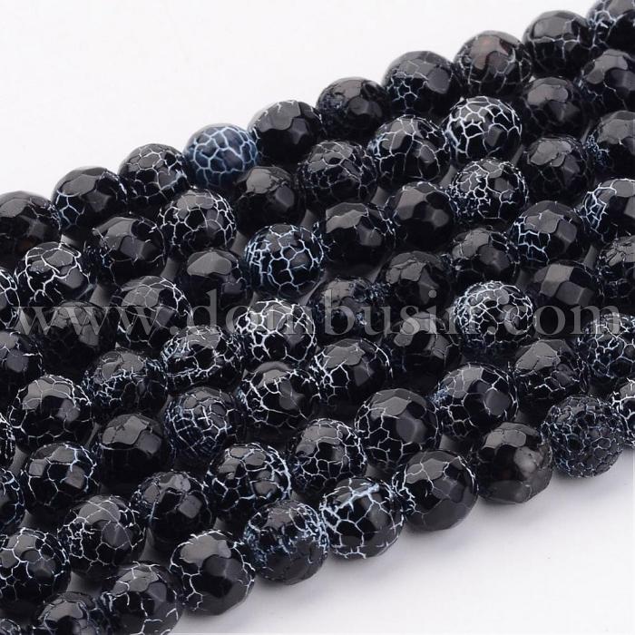 Бусины Агат Кракле Натуральный, Класс А, Круглые, Граненые, На нитях, Цвет: Черный, Диаметр: 10мм, Отв. 2мм, около 40шт/40см/нить, (УТ000005277)