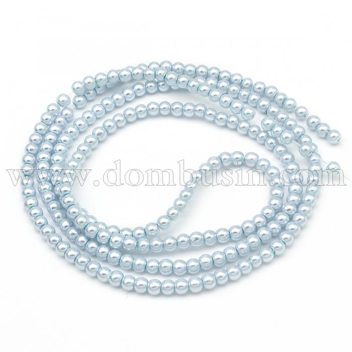 Перли Намистини Скло 4мм, Глянцеві, Круглі, Колір: Блакитний, Діаметр: 4 мм, Отв-тя 1мм, близько 216шт / 86см / нитка, (УТ000005880)