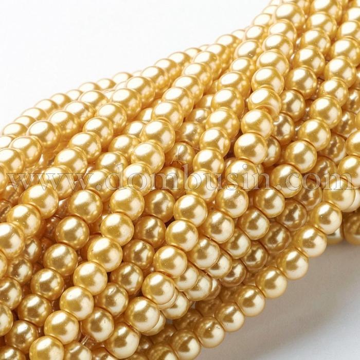 Перли Намистини Скло 4мм, Глянцеві, Круглі, Колір: Світло-золотистий, Діаметр: 4 мм, Отв-тя 1мм, близько 216шт / 86см / нитка, (УТ000005881)
