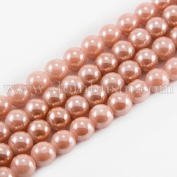 Перли Намистини Скло 4мм, Глянцеві, Круглі, Колір: Кораловий, Діаметр: 4 мм, Отв-тя 1мм, близько 216шт / 86см / нитка, (УТ000005882)