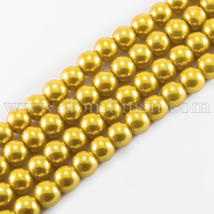 Перли Намистини Скло 4мм, Глянцеві, Круглі, Колір: Золотистий, Діаметр: 4 мм, Отв-тя 1мм, близько 216шт / 86см / нитка, (УТ000005890)
