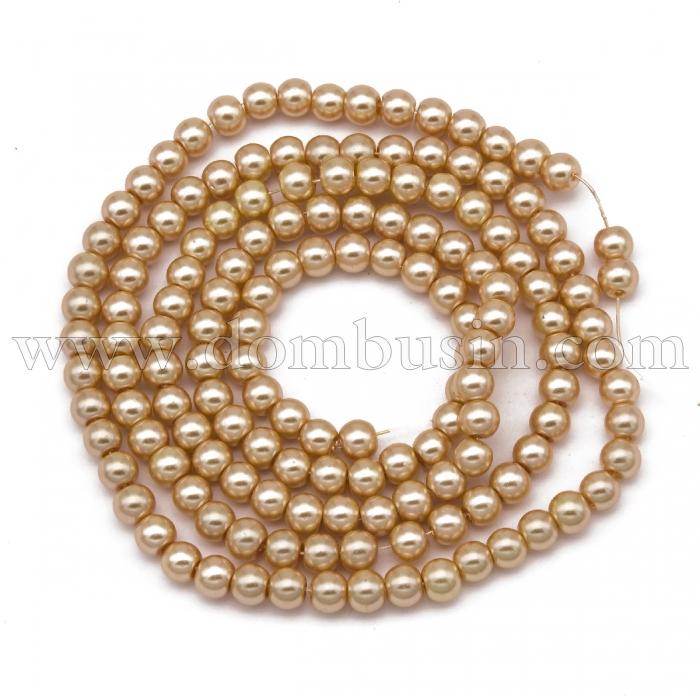 Перли Намистини Скло 4мм, Глянцеві, Круглі, Колір: Бежевий, Діаметр: 4 мм, Отв-тя 1мм, близько 216шт / 86см / нитка, (УТ000005893)