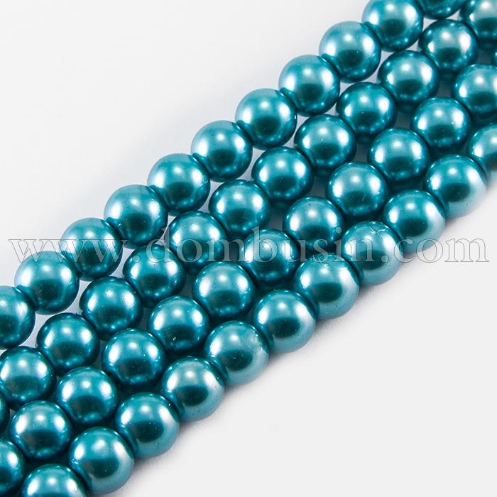 Перли Намистини Скло 8 мм, Глянцеві, Круглі, Колір: Чирок, Діаметр: 8 мм, Отв-тя 1мм, близько 110шт / 88см / нитка, (УТ000006408)