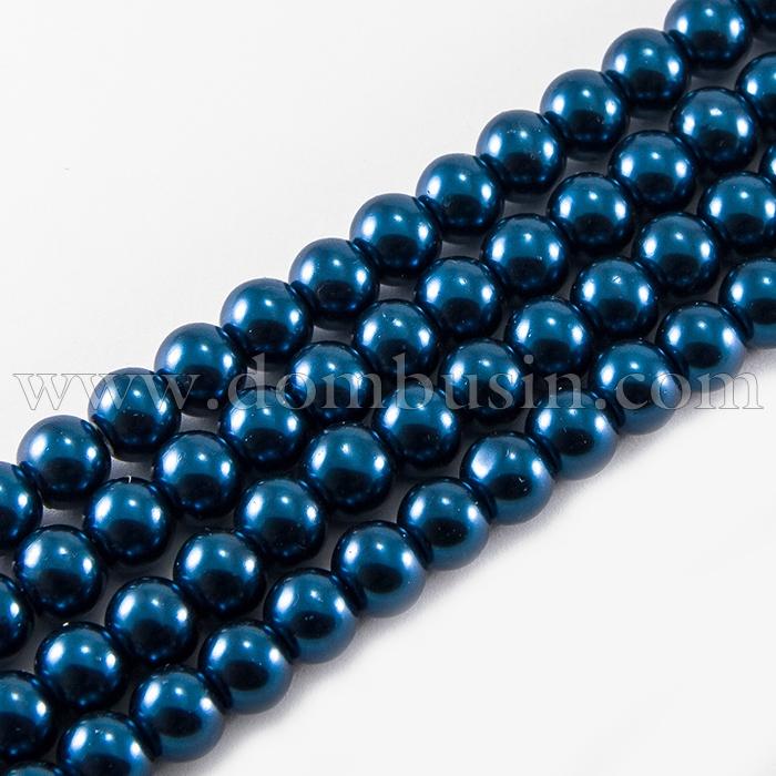 Жемчуг Бусины Стекло 8мм, Глянцевые, Круглые, Цвет: Темно-синий, Диаметр: 8мм, Отв-тие 1мм, около 110шт/88см/нить, (УТ000006556)