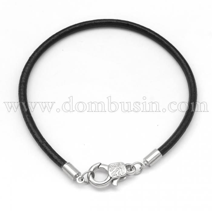 Основа для браслета, Натуральна Шкіра, Застібка Карабін, Колір: Чорний, Розмір: 203х3мм, Карабін: 17х11мм, (УТ000006577)