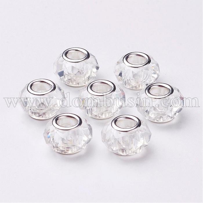 Шармы Евробусины Стекло Гранёные, Вставка из Латуни цвета Платина, Рондель, Цвет: Бесцветный, Размер: 14х9мм, Отверстие 5мм, (БА000000122)