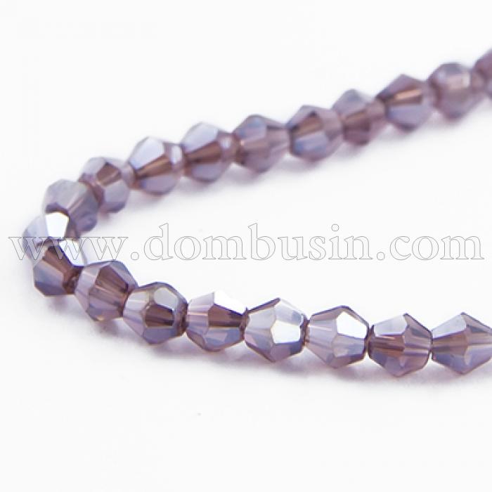 Намистини Гальваніка Скло АВ-Колір, Грановані, Біконус, Колір: Пурпурний, Розмір: 4х4мм, Отв-тя: 1мм, близько 110шт / 40см / нитка, (УТ000007100)