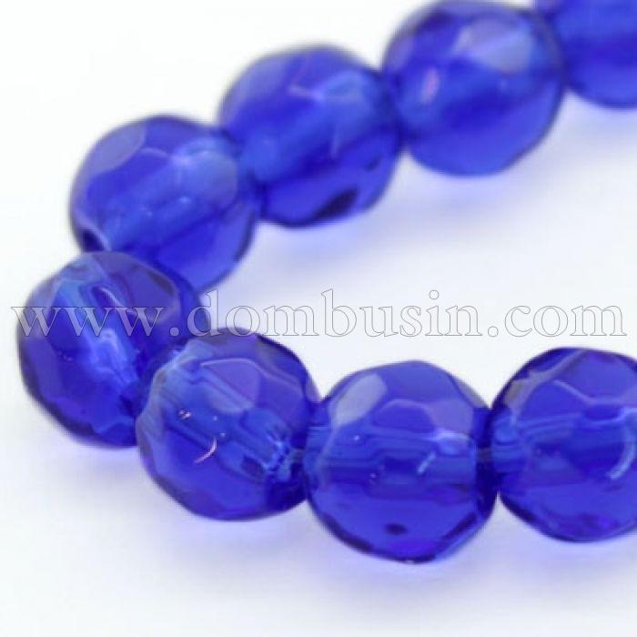 Бусины стеклянные круглые, прозрачные, граненые, Цвет: Синий, Диаметр: 4мм, Отверстие 0,5мм, около 74шт/40см/нить, (УТ000007109)