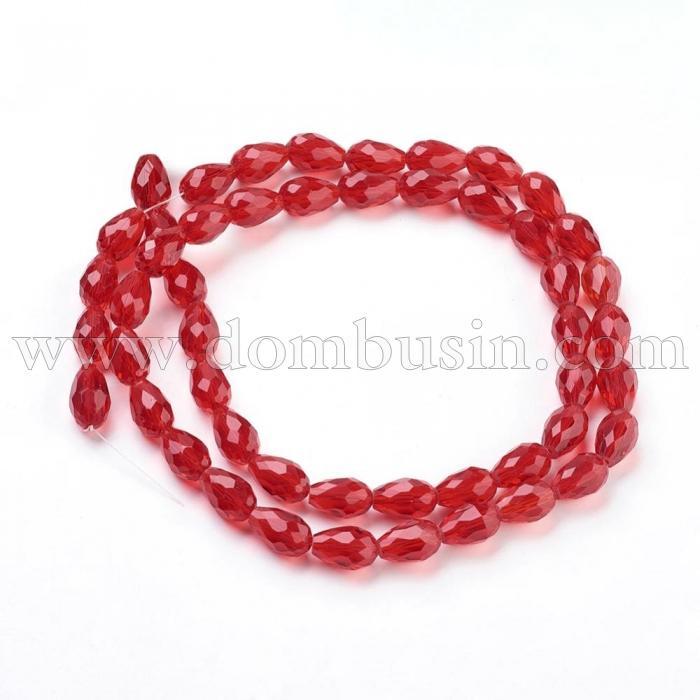 Намистини Скло Крапля, Прозорі, Грановані, Колір: Червоний, Розмір: 11х8мм, Отв-тя: 1мм, близько 60шт / 71см / нитка, (УТ000007130)