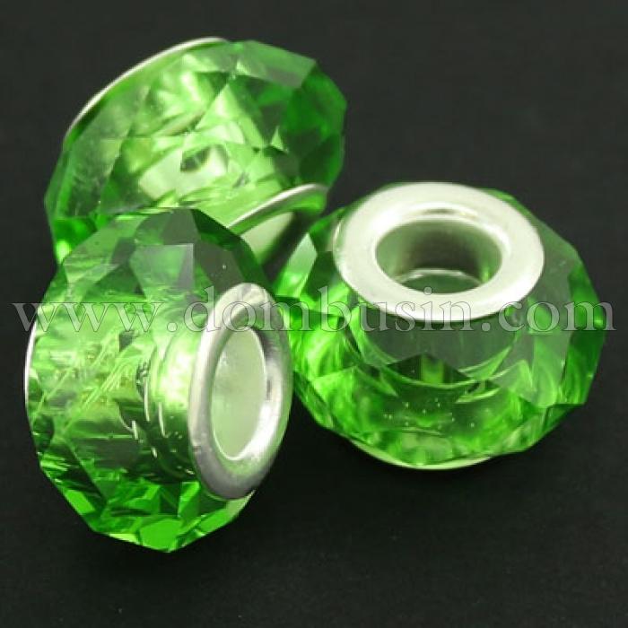 Шармы Евробусины Стекло Гранёные, Вставка из Латуни цвета Платина, Рондель, Цвет: Зеленый, Размер: 14х9мм, Отверстие 5мм, (УТ000007251)