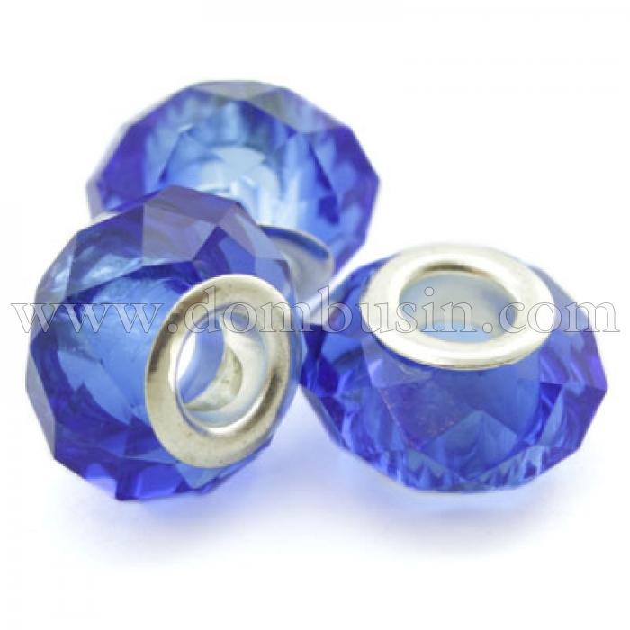 Шармы Евробусины Стекло Гранёные, Вставка из Латуни цвета Платина, Рондель, Цвет: Синий, Размер: 14х9мм, Отверстие 5мм, (УТ000007253)