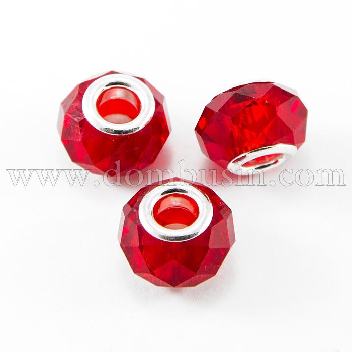 Шармы Евробусины Стекло Гранёные, Вставка из Латуни цвета Платина, Рондель, Цвет: Красный, Размер: 14х9мм, Отверстие 5мм, (УТ000007254)