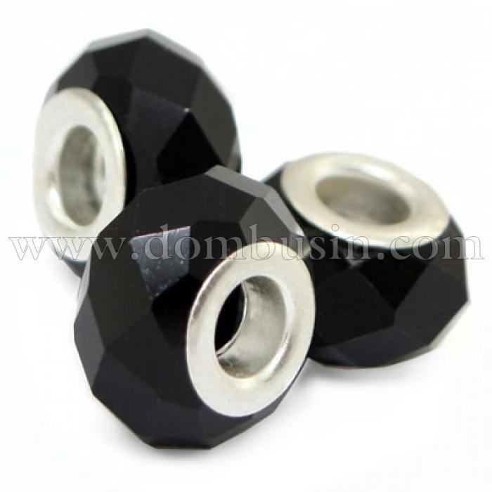 Шармы Евробусины Стекло Гранёные, Вставка из Латуни цвета Платина, Рондель, Цвет: Черный, Размер: 14х9мм, Отверстие 5мм, (УТ000007256)