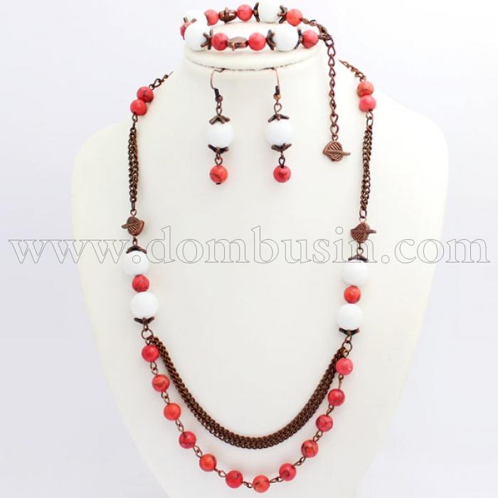 Комплект Натуральныый Камнь и Металлические Бусины, Цвет: Красный, Размер: Ожерелье 75,5~76см, Браслет 17~21см, Серьги 4,5см, (УТ000007462)