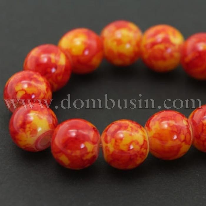 Бусины Стеклянные Окрашенные под мрамор, Форма: Круглая, Цвет: Оранжевый, Диаметр: 6мм, Отверстие 2мм, около 150шт/90см/нить, (УТ000007515)