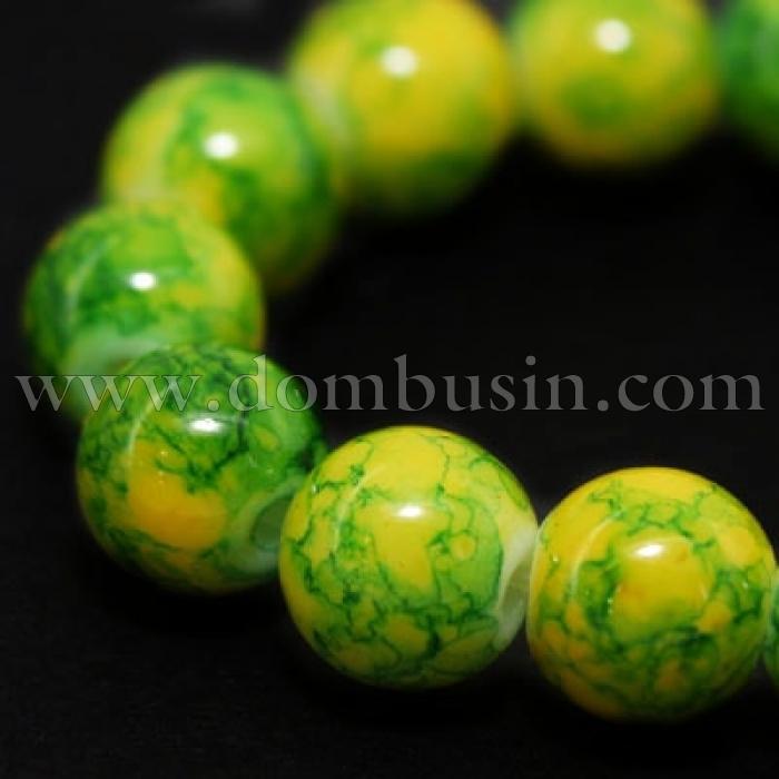 Бусины Стеклянные Окрашенные под мрамор, Форма: Круглая, Цвет: Желто-зеленый, Диаметр: 6мм, Отверстие 2мм, около 150шт/90см/нить, (УТ000007521)