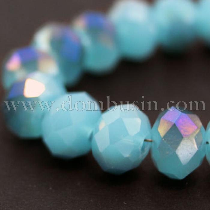 Намистини Гальваніка Скло, під Нефрит, напів, Грановані, Рондель, Колір: Блакитний, 8х5мм, Отвір 1мм, близько 72шт / 36см / нитка, (УТ000007630)