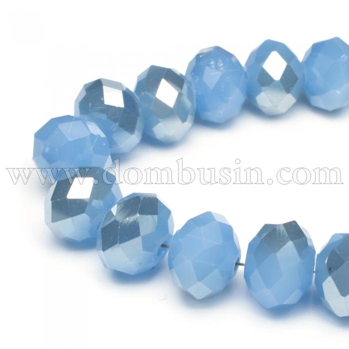 Намистини Гальваніка Скло, під Нефрит, напів, Грановані, Рондель, Колір: Блакитний Лайт, 8х5мм, Отвір 1мм, близько 72шт / 36см / нитка, (УТ000007632)