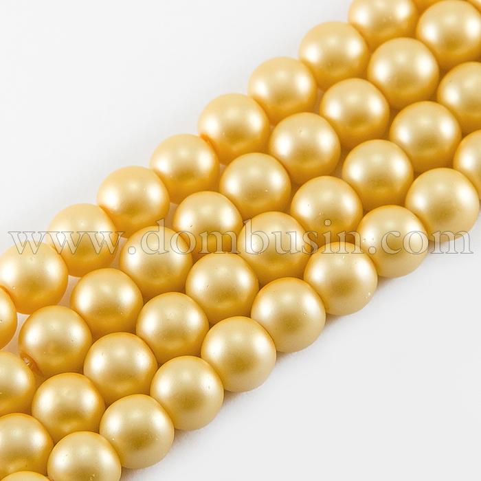 Перли Намистини Скляні, Матові, Круглі, Колір: Золотистий, Діаметр: 8 мм, Отвір 1мм, близько 105шт / 84см / нитка, (УТ000007679)