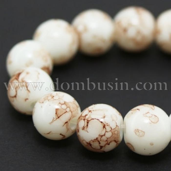 Бусины Стеклянные Окрашенные под мрамор, Форма: Круглая, Цвет: Белый, Диаметр: 6мм, Отверстие 2мм, около 150шт/90см/нить, (УТ000007683)