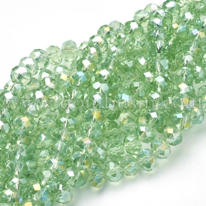 Бусины Гальваника Стекло АВ-Цвет, Граненые, Рондель, Цвет: Светло-зеленый, Размер: 8х5мм, Отв-тие: 1мм, около 70шт/42см/нить, (УТ000007854)