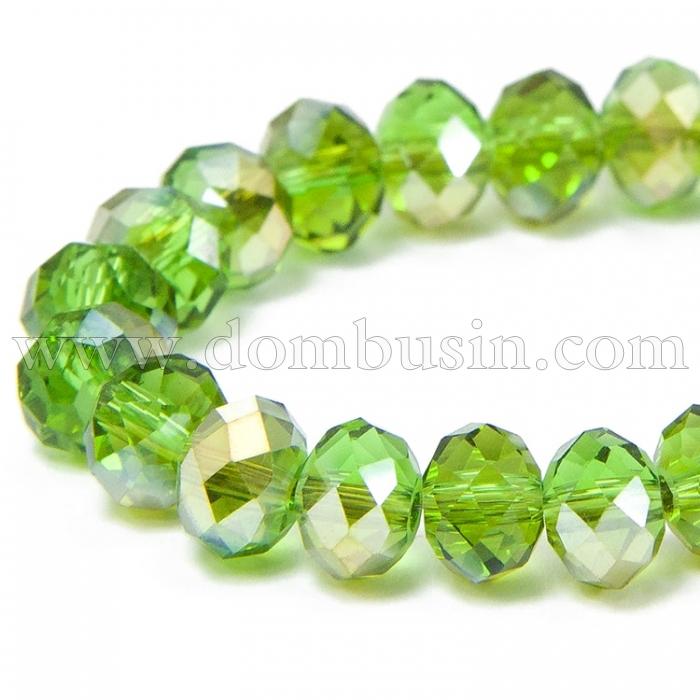Бусины Гальваника Стекло АВ-Цвет, Граненые, Рондель, Цвет: Зеленый, Размер: 8х5мм, Отв-тие: 1мм, около 70шт/42см/нить, (УТ000007855)