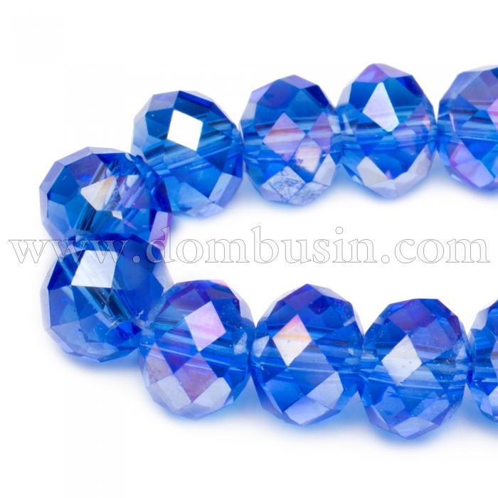 Бусины Гальваника Стекло АВ-Цвет, Граненые, Рондель, Цвет: Синий, Размер: 8х5мм, Отв-тие: 1мм, около 70шт/42см/нить, (УТ000007954)