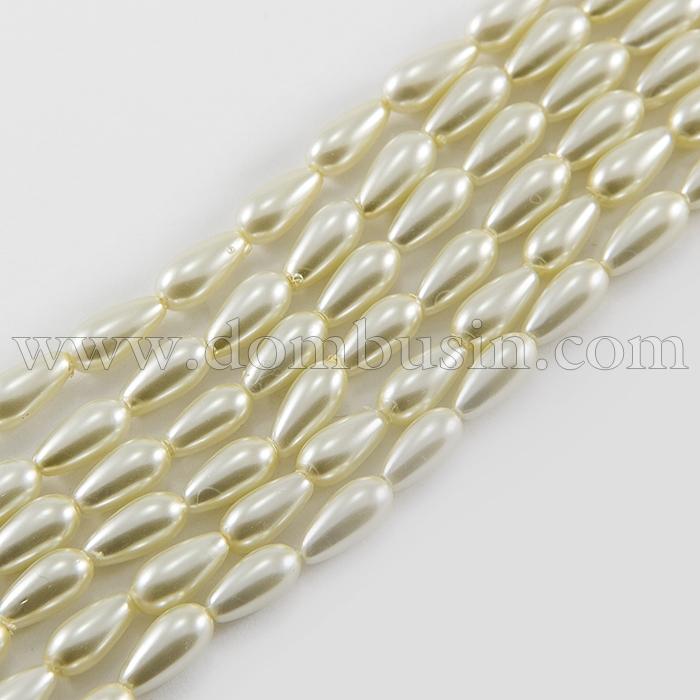 Жемчуг Бусины Стеклянные, Глянцевые, Капля, Цвет: Бежевый, Размер: 8х4.5мм, Отверстие 1мм, около 50шт/41см/нить, (УТ0001814)