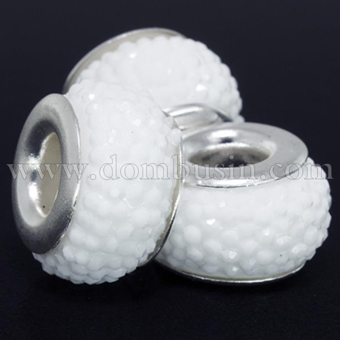 Шарми Евробусіни з Смоли зі вставкою з Латуні кольору Платина, з Ефектом Страз, Рондель, Колір: Білий, Розмір: 12х7.5мм, Отвір 4.5мм, (УТ0002115)