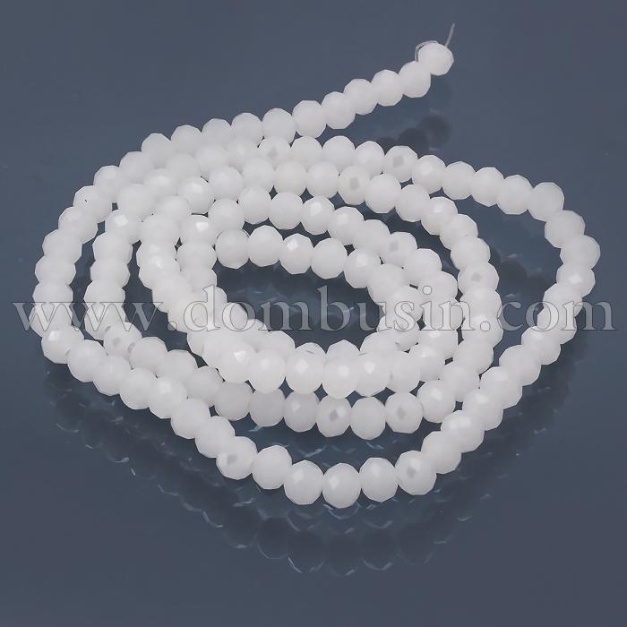 Бусины Стеклянные Имитация Нефрита, Граненые, Рондель, Цвет: Белый, Размер: 4х3мм, Отв-тие: 1мм, около 140шт/46см/нить, (УТ0002364)