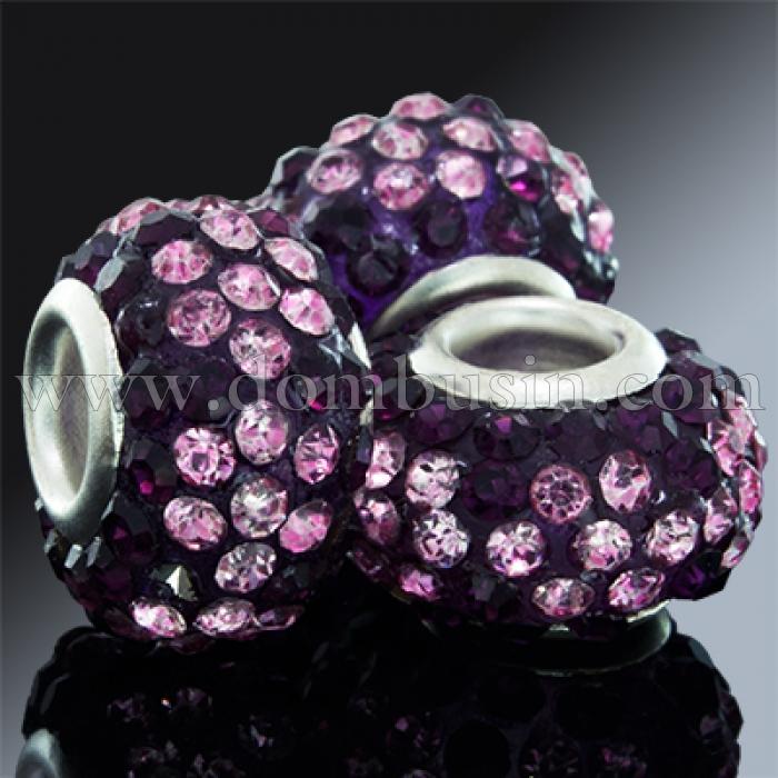 Шармы Евробусины Смола и Стразы, Класс А, Вставка из Латуни, Рондель, Цвет Страз: Розовый и Бордо, Размер: 15х9мм, Отв. 5мм, (УТ0002739)