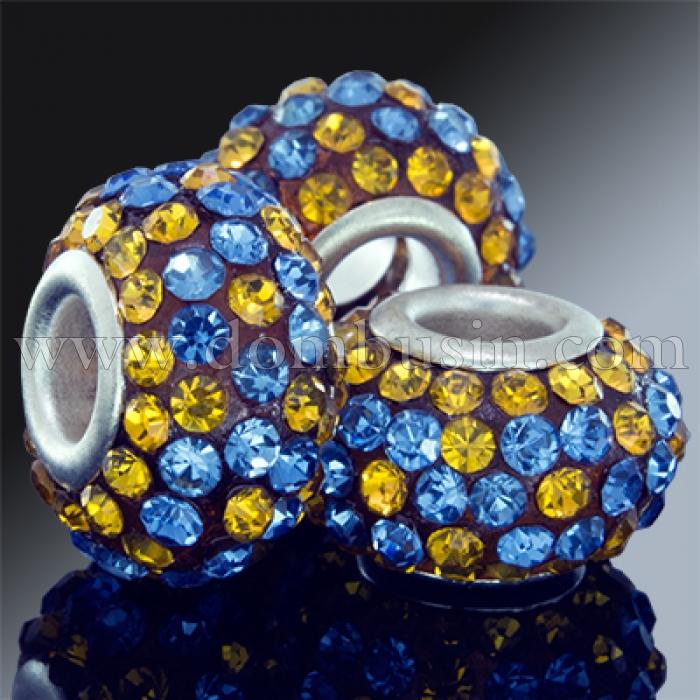 Шармы Евробусины Смола и Стразы, Класс А, Вставка из Латуни, Рондель, Цвет Страз: Желтый и Голубой, Размер: 15х9мм, Отв. 5мм, (УТ0002755)