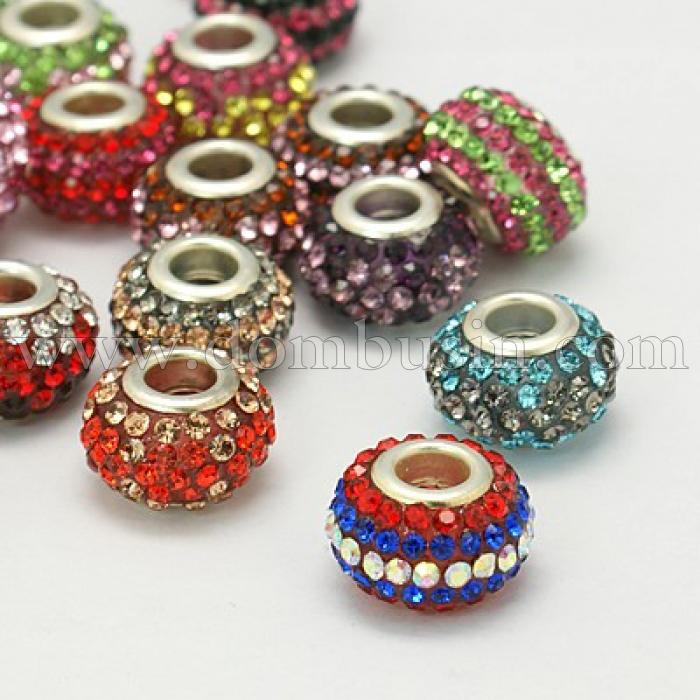 Шармы Евробусины Смола и Стразы, Класс А, Вставка из Латуни, Рондель, Цвет Страз: Микс, Размер: 15х9мм, Отв. 5мм, (УТ0002759)