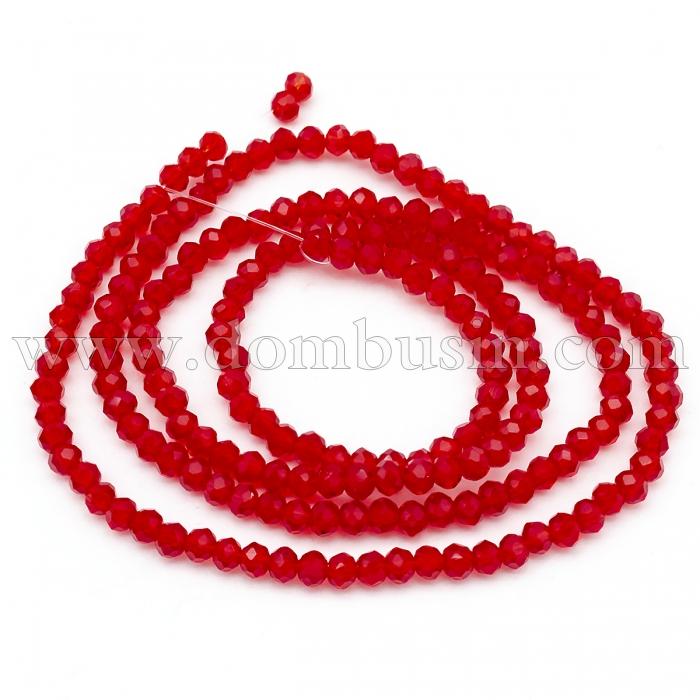 Бусины Хрустальное Стекло, Прозрачные Граненые, Рондель, Цвет: Темно-красный, Размер: 3х2мм, Отв-тие: 0.5мм, около 197шт/39см/нить, (УТ0002610)