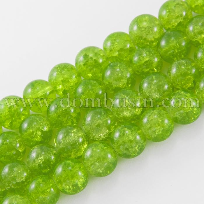 Намистини "Бите Скло" Круглі, Колір: Зелений блідий, Діаметр: 10мм, Отвір 2мм, близько 80шт/80см/нитка, (УТ0002854)