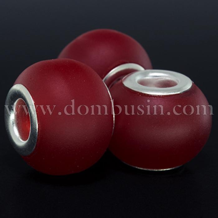 Шарми Евробусіни Скляні, Вставка з Латуні кольору Срібло, Прогумований Стиль, Рондель, Колір: Червоний, Розмір: 15х11мм, Отвір 5мм, (УТ0002887)