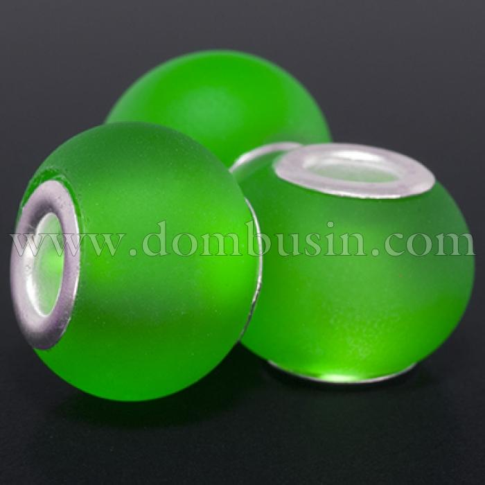 Шарми Евробусіни Скляні, Вставка з Латуні кольору Срібло, Прогумований Стиль, Рондель, Колір: Зелений, Розмір: 15х11мм, Отвір 5мм, (УТ0002888)