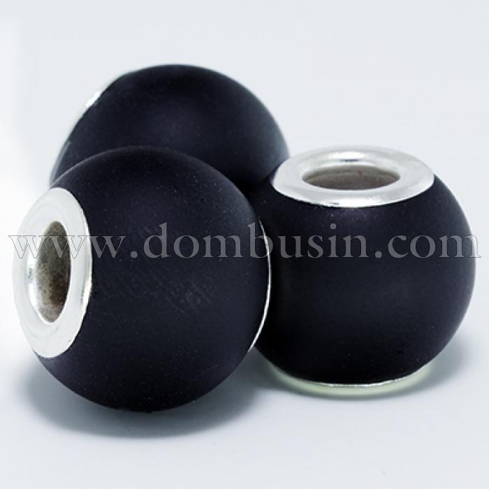 Шарми Евробусіни Скляні, Вставка з Латуні кольору Срібло, Прогумований Стиль, Рондель, Колір: Чорний, Розмір: 15х11мм, Отвір 5мм, (УТ0002890)