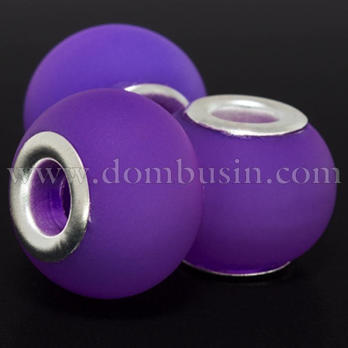 Шарми Евробусіни Скляні, Вставка з Латуні кольору Срібло, Прогумований Стиль, Рондель, Розмір: 15х11мм, Отвір 5мм, (УТ0002891)