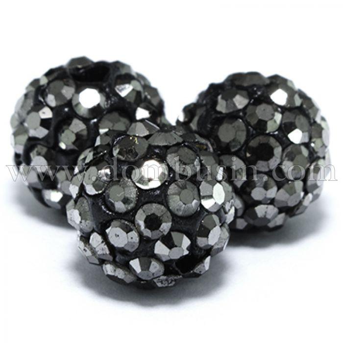 Намистини з Стразами клас А, з полімерної глини, Круглі, Шамбала, Колір: Гематит, Розмір: Діаметр 10мм, Отвір 1.8 ~ 2 мм, (УТ0002901)