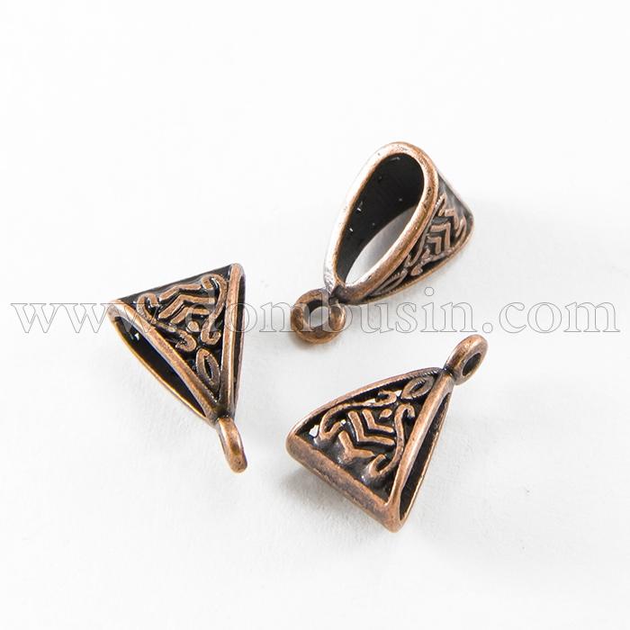 Бейл в Тибетском Стиле, Треугольный, Бижутерный сплав, Цвет: Медь, Размер: 15.5х10х7мм, Отверстие 2мм, (УТ0002969)